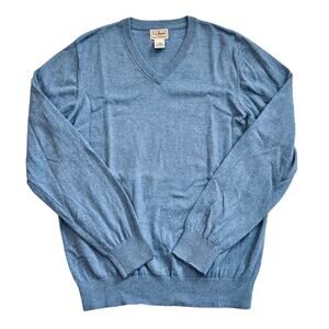 LL Bean Sweater Mens Size Medium Blue V Neck Cotton Cashmere Blend Long Preppy